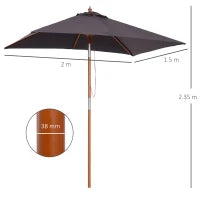 Ombrellone da Giardino Inclinabile 2x1.5 m con 6 Stecche e Palo in Legno di Abete, Grigio Scuro