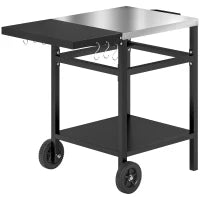 Carrello per Barbecue con Piano in Acciaio e Ripiano Richiudibile, Ruote e Ganci, 91x58x76 cm, Nero
