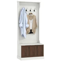 Mobile Appendiabiti 3 in 1 con 4 Ganci e Panca Contenitore, in Legno, 71.5x39.5x170 cm, Bianco