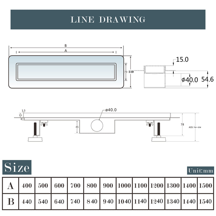 Canalina doccia a pavimento 90cm con panello piastrellabile in acciaio inox AICA ITALY scarico doccia 2-in-1 spazzolato