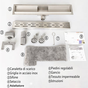 Canalina di scarico doccia in acciaio inox con griglia a righe 90cm Modello classico AICA ITALY