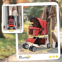 Passeggino per Cani Pieghevole in Tessuto con Cestino e Portabicchieri, 75x45x97cm - Rosso