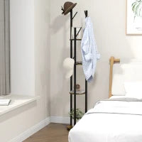 Appendiabiti da Terra Girevole con 8 Ganci e 4 Mensole in Stile Industriale, Ø30x175cm, Marrone