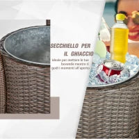 Set 5 Pezzi Tavolino con 4 Sedie da Giardino Alte in Rattan Sintetico con Secchiello per Ghiaccio, Marrone
