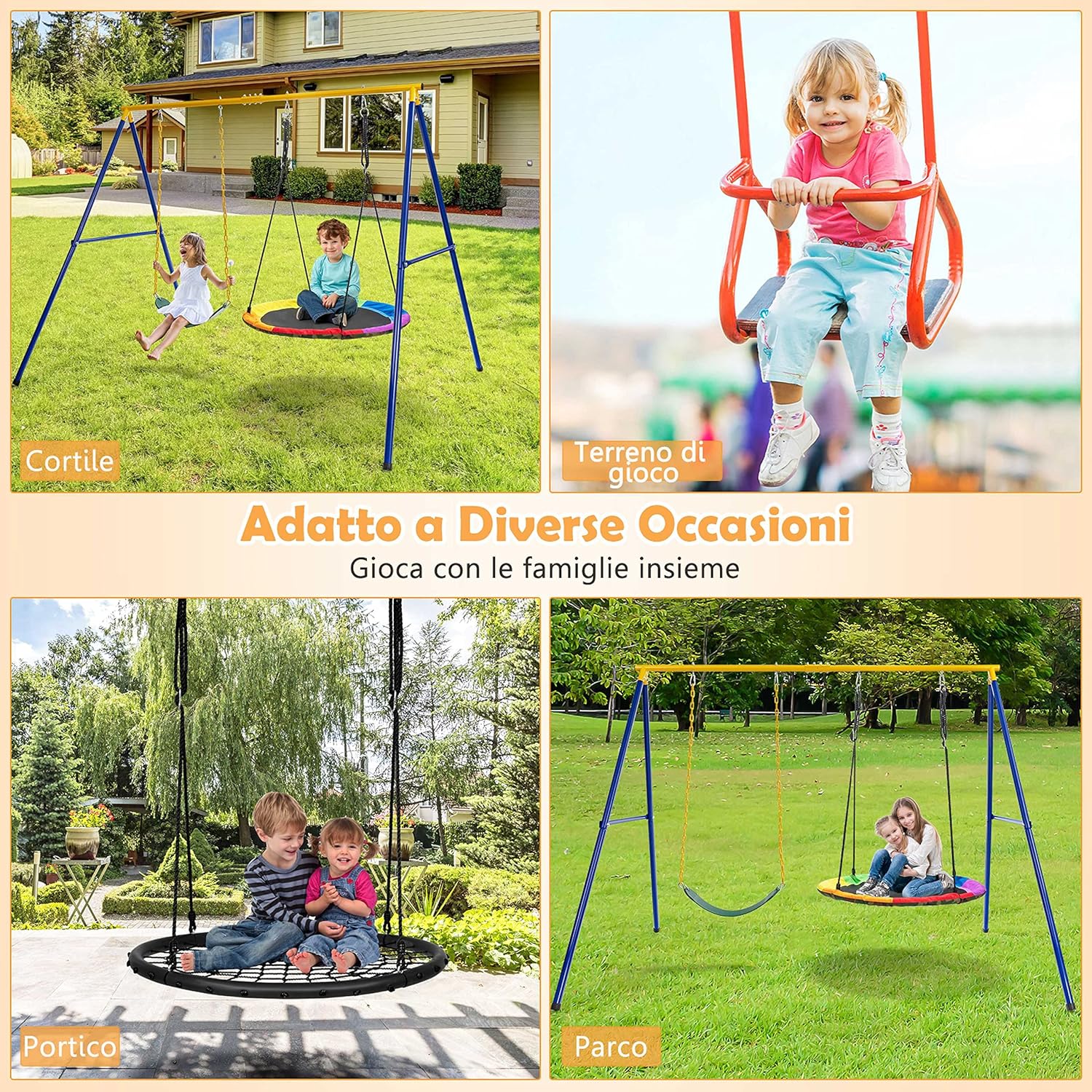 Set Altalena da Giardino,Struttura di Metallo per Altalena con 1 Sedile Altalena in EVA Morbido e 1 Altalena Nido,Struttura ad A Resistente per Altalena,Capacità 300kg,ideale per parco,giochi