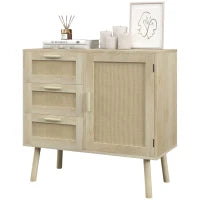 Mobile Multiuso Stile Boho con Armadietto e 3 Cassetti in Legno e Rattan, 80x36x75cm, Rovere
