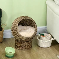 Pawhut Cuccia per Gatti Rialzata con Cuscino, Casetta Naturale con Foglie di Banana, Beige e Marrone, 40x37x51cm
