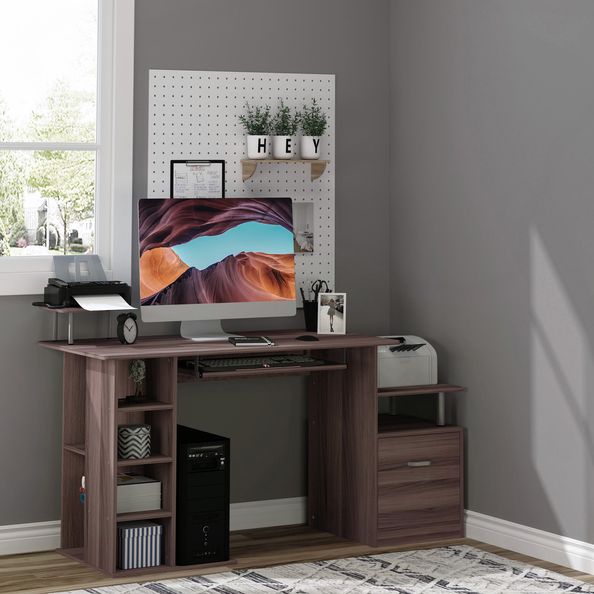 Easycomfort Scrivania per Computer Moderna con Cassetti, Ripiani e Tastiera Estraibile, Scrivania da Ufficio per Casa in Legno Marrone 152x60x88cm