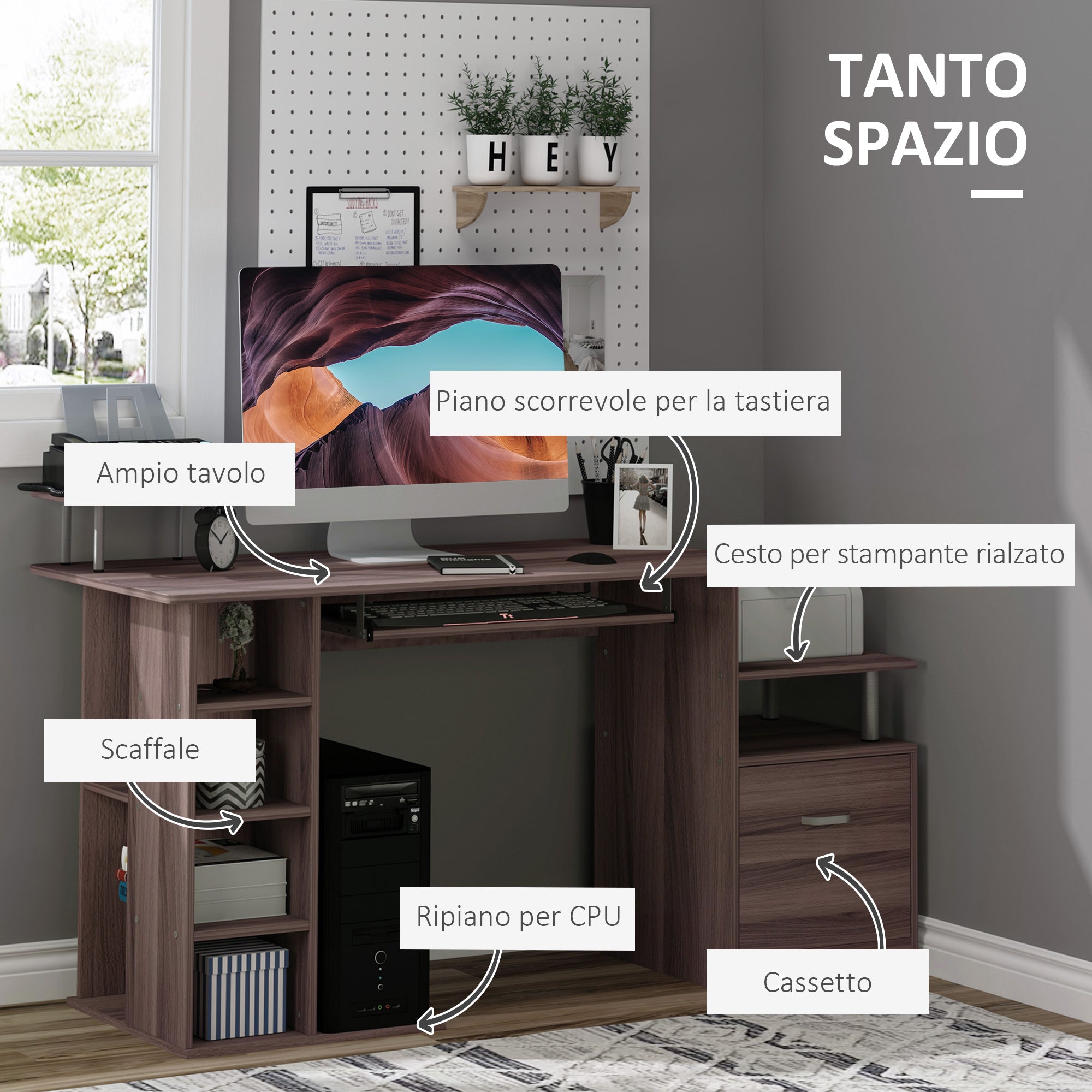 Easycomfort Scrivania per Computer Moderna con Cassetti, Ripiani e Tastiera Estraibile, Scrivania da Ufficio per Casa in Legno Marrone 152x60x88cm