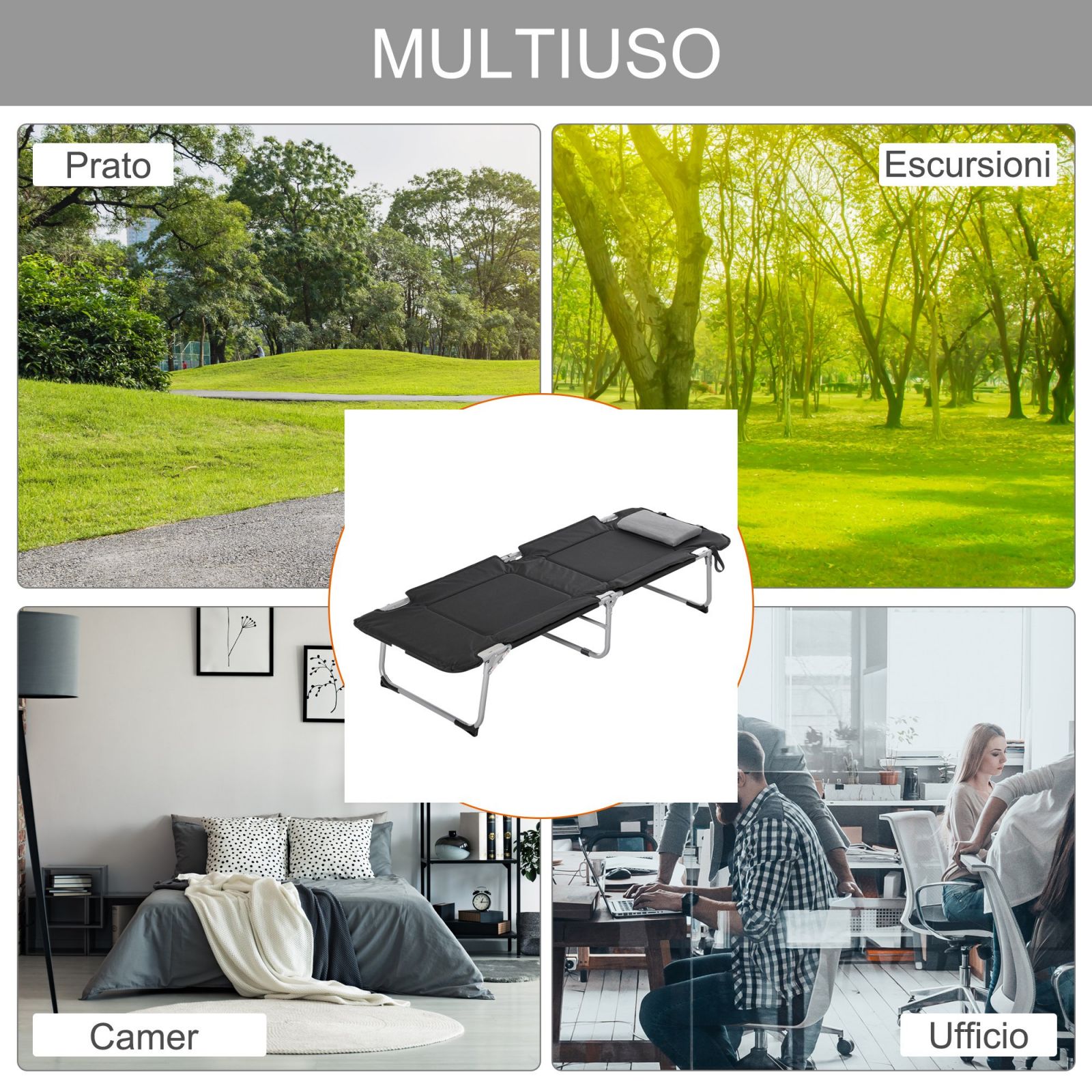 Easycomfort Letto da Campeggio, Brandina Pieghevole e Imbottita con Cuscino, Nero 183 x 66 x 33cm