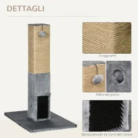 Albero Tiragraffi per Gatti con 2 Palline Giocattolo e Spazzola, in Legno, Iuta e Peluche, 59.5x39x79 cm, Grigio
