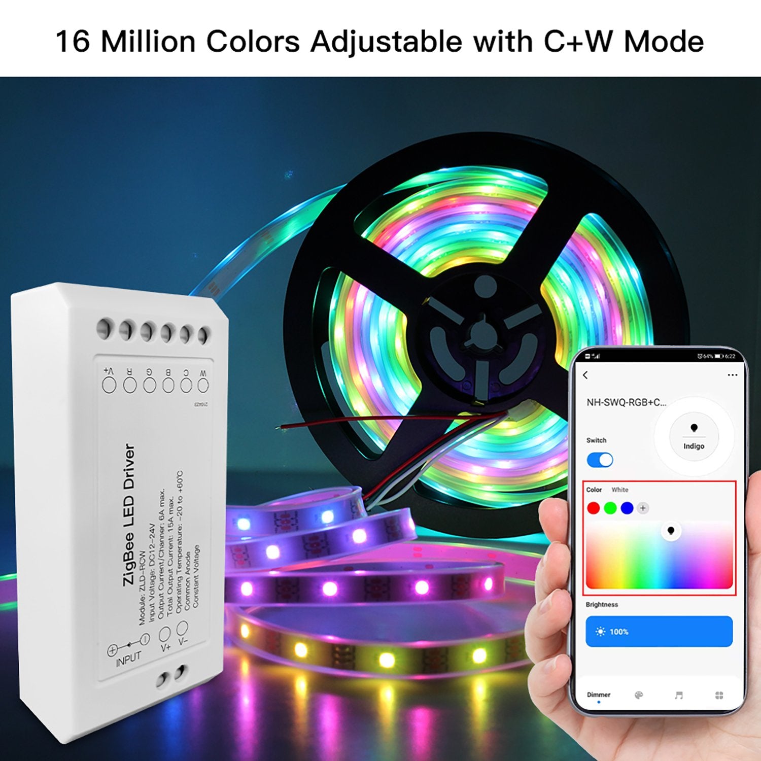 Centralina Led Controller, 6A/Canali, ZigBee 3.0, RGB+CCT, Max 12V e 24V, 15A, 2X100W, TUYA, Smart Life, 100X45X35mm, IP20