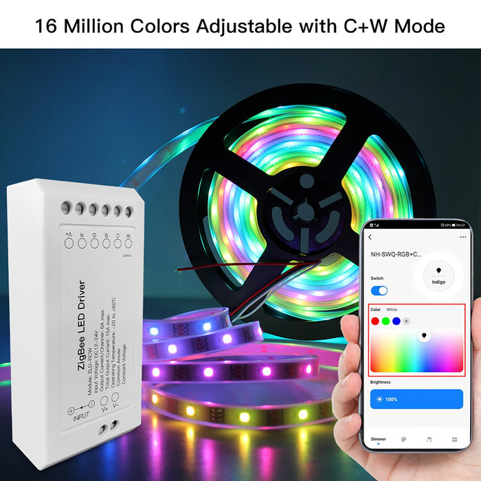 Centralina Led Controller, 6A/Canali, ZigBee 3.0, RGB+CCT, Max 12V e 24V, 15A, 2X100W, TUYA, Smart Life, 100X45X35mm, IP20