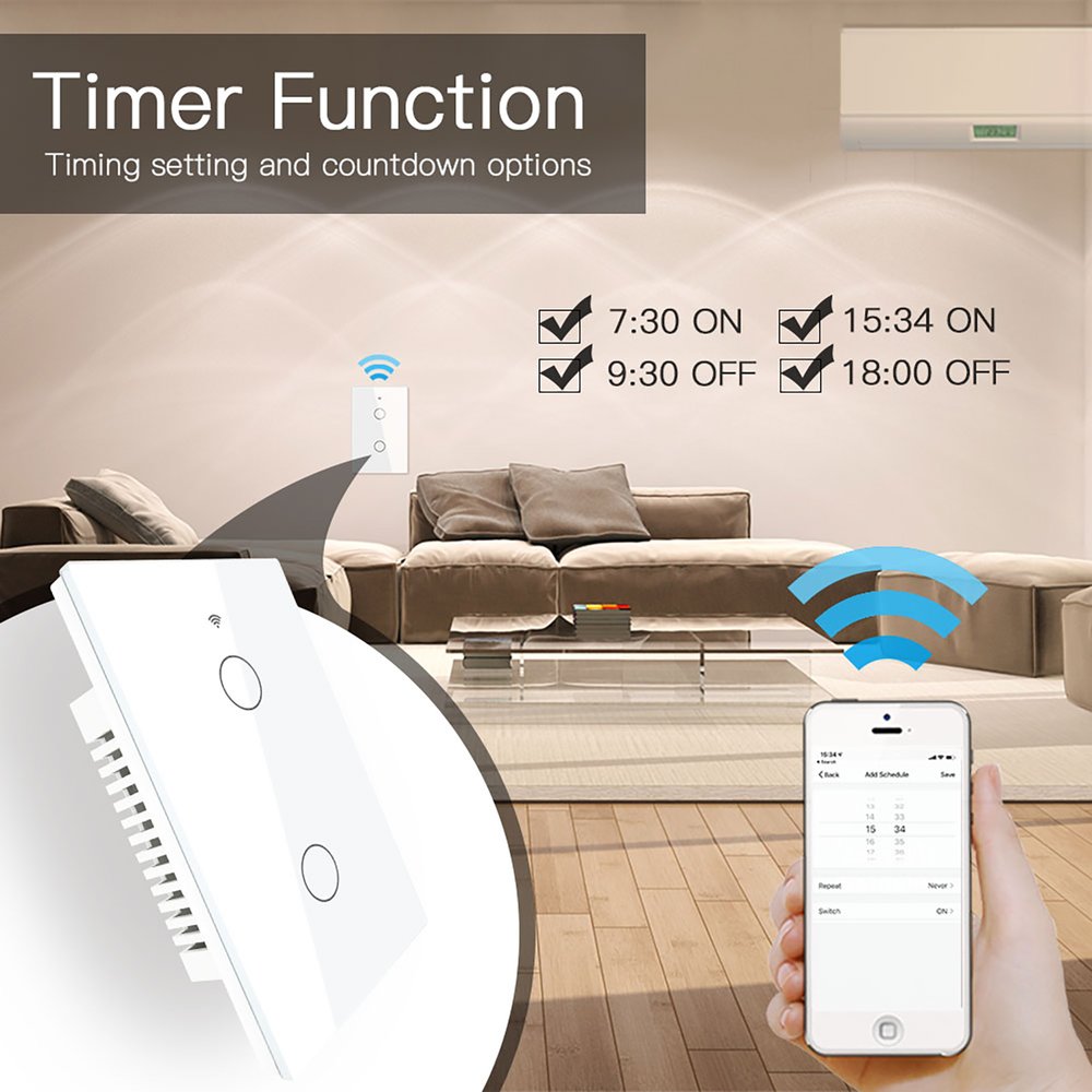 Interruttore Da Parete Touch 2 Tasti, WIFI 2.4G Matter, TUYA, Smart Life,Apple Home, Google Home, Alexa, SmartThings 10A, AC 90-250V, 50/60HZ, 120X72X38mm, IP20, Bianco