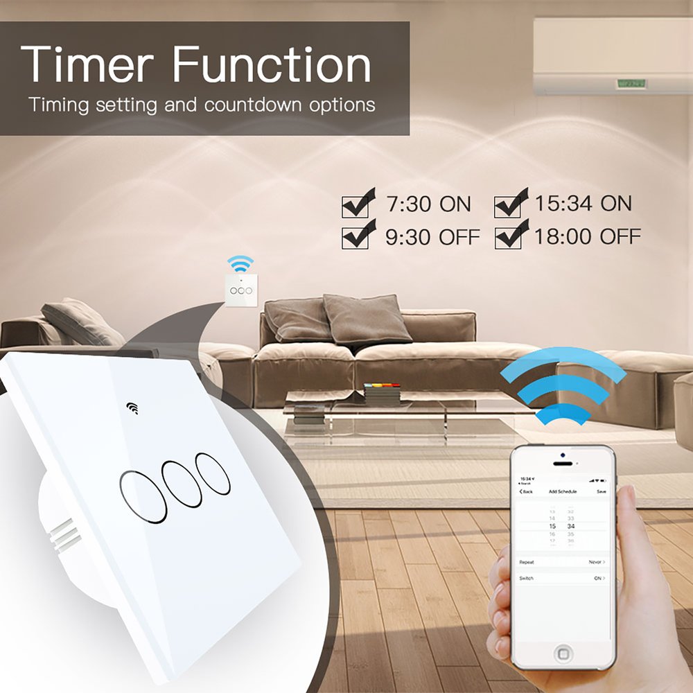 Interruttore Da Parete Touch 3 Tasti, WIFI 2.4G+BLE+RF 433MHz, Bluetooth BLE Mesh TUYA, Smart Life, 10A, AC 90-250V, 50/60HZ, 86X86X30mm, IP20, Bianco, SH9443W