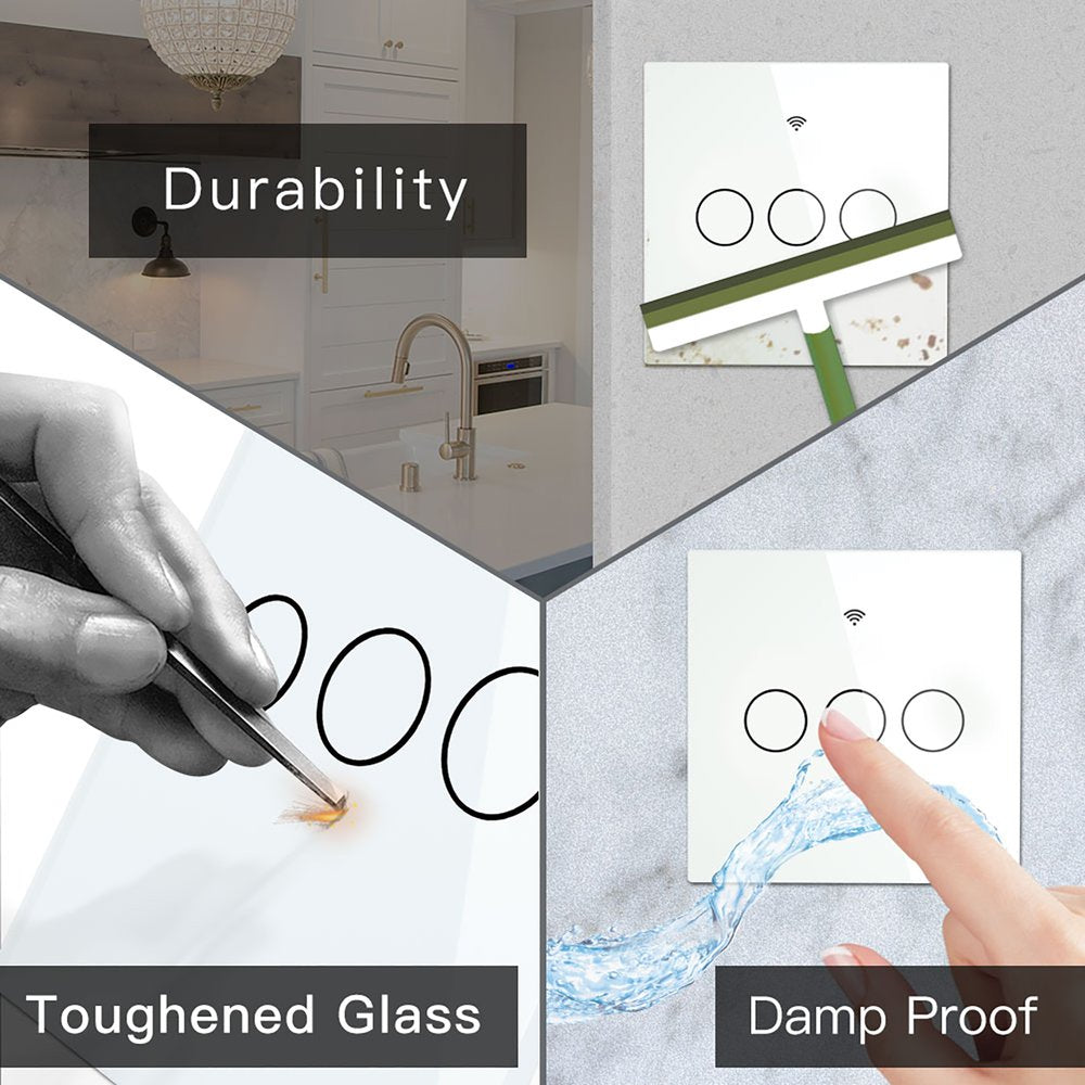 Interruttore Da Parete Touch 3 Tasti, WIFI 2.4G+BLE+RF 433MHz, Bluetooth BLE Mesh TUYA, Smart Life, 10A, AC 90-250V, 50/60HZ, 86X86X30mm, IP20, Bianco, SH9443W