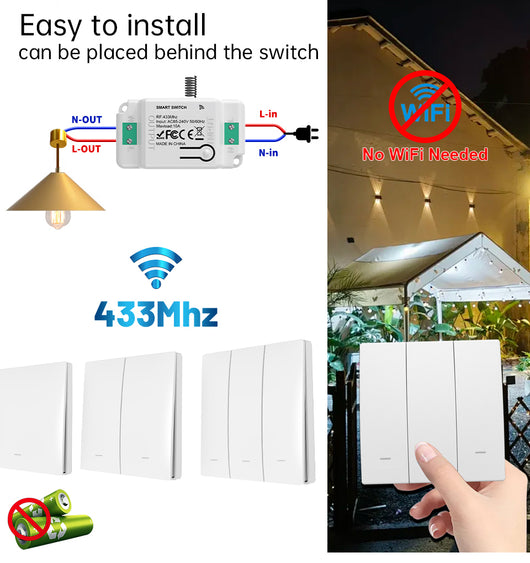 Interruttore RF Wireless Telecomando Senza Batteria 3 Tasti RF 433MHz Generatore Corrente Automatico 3 Tasti Quadrato Per Scatola 502 IP20 Bianco