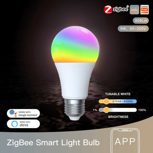 Lampada Led E27, ZigBee 3.0, RGB+CW, TUYA, Smart Life, AC 90-250V, 50/60HZ, 9W, 60X117mm, IP20, SHZ62709