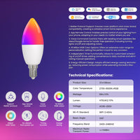 Lampada Led Matter E14, RGB+CW, Matter WIFI 2.4G TUYA, Smart Life, Apple Home, Google Home, Alexa, SmartThings, AC 90-250V, 50/60HZ, 6W, 37X106mm, IP20, MU11406