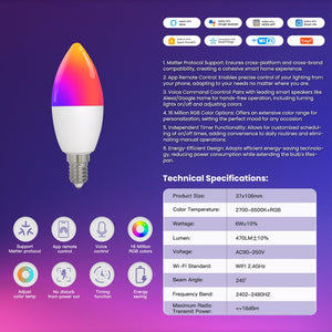Lampada Led Matter E14, RGB+CW, Matter WIFI 2.4G TUYA, Smart Life, Apple Home, Google Home, Alexa, SmartThings, AC 90-250V, 50/60HZ, 6W, 37X106mm, IP20, MU11406
