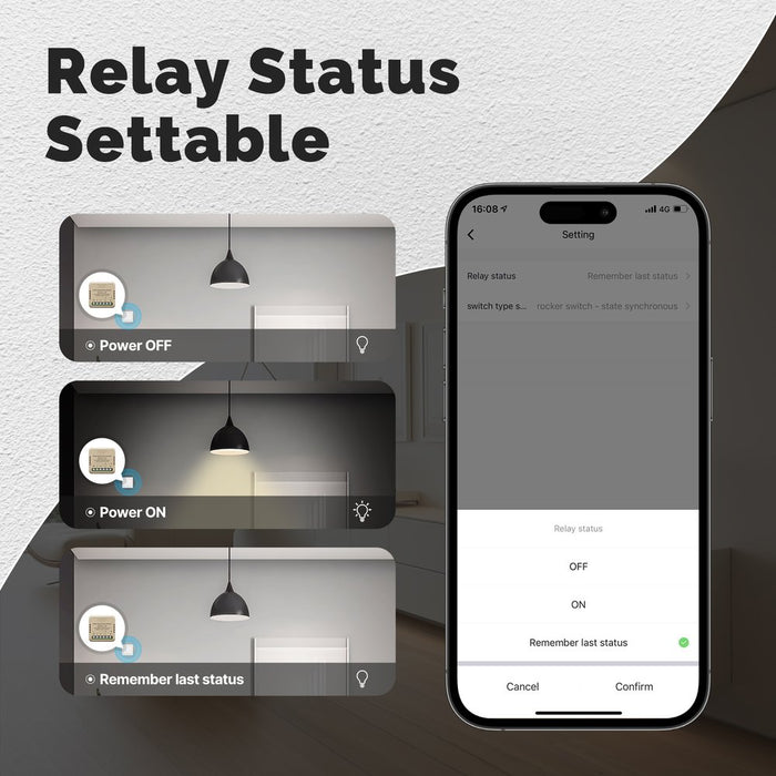 Relè Passo Passo Mini Interruttore Matter WiFi 2.4G, 10A TUYA, Compatibile Apple Home, Google Home, Alexa, SmartThings, 2200W, AC 90-250V 50/60Hz, 40x40x18mm, IP20