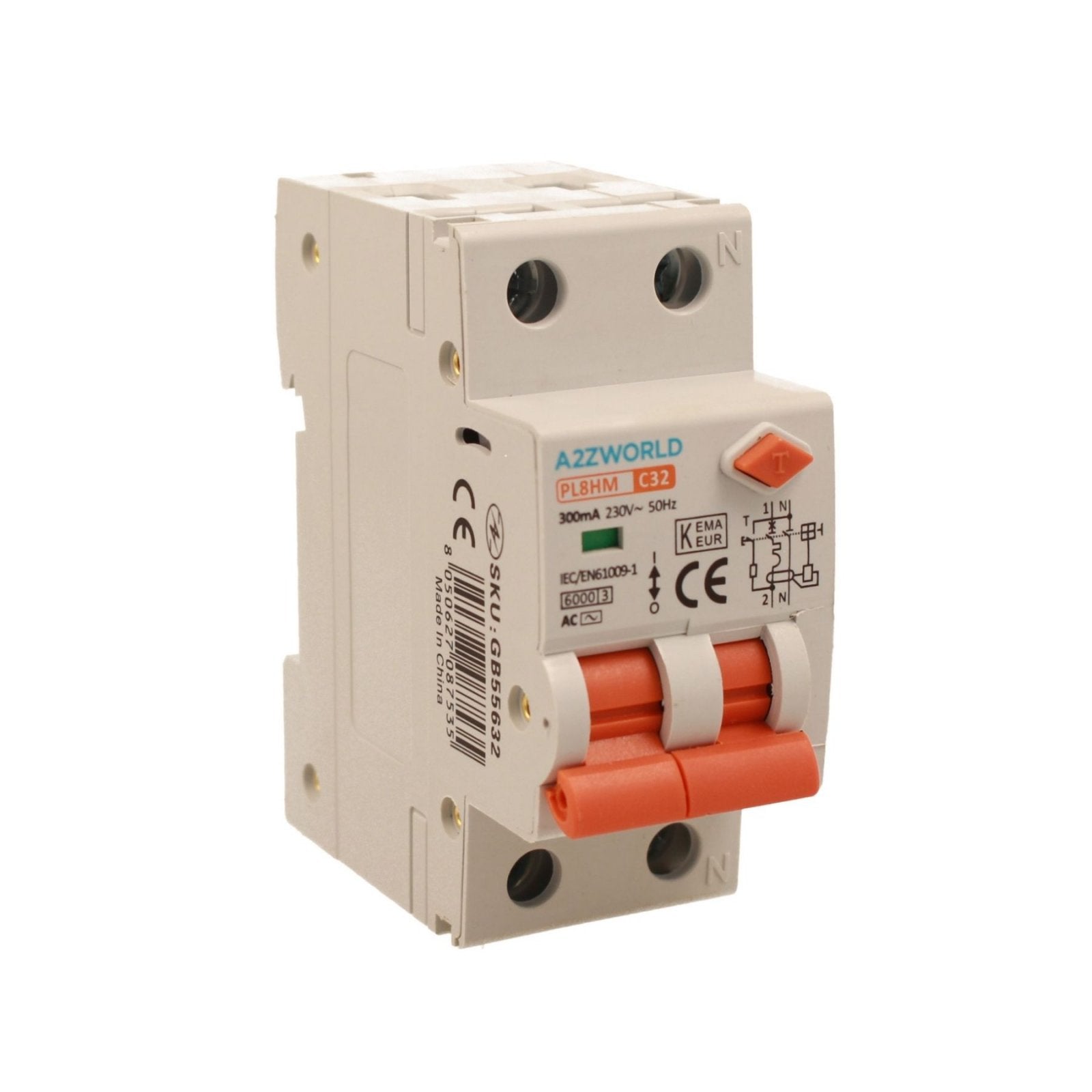 RCBO Doppia Leva, Interruttore Magnetotermico Differenziale Tipo AC Curva C 1P+N 2M 6000A 300mA C32A AC 230V IP20 IEC61009-1 PL8HM