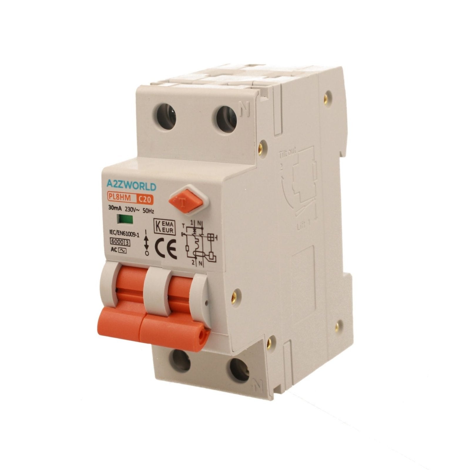 RCBO Doppia Leva, Interruttore Magnetotermico Differenziale Tipo AC Curva C 1P+N 2M 6000A 30mA C20A AC 230V IP20 IEC61009-1 PL8HM