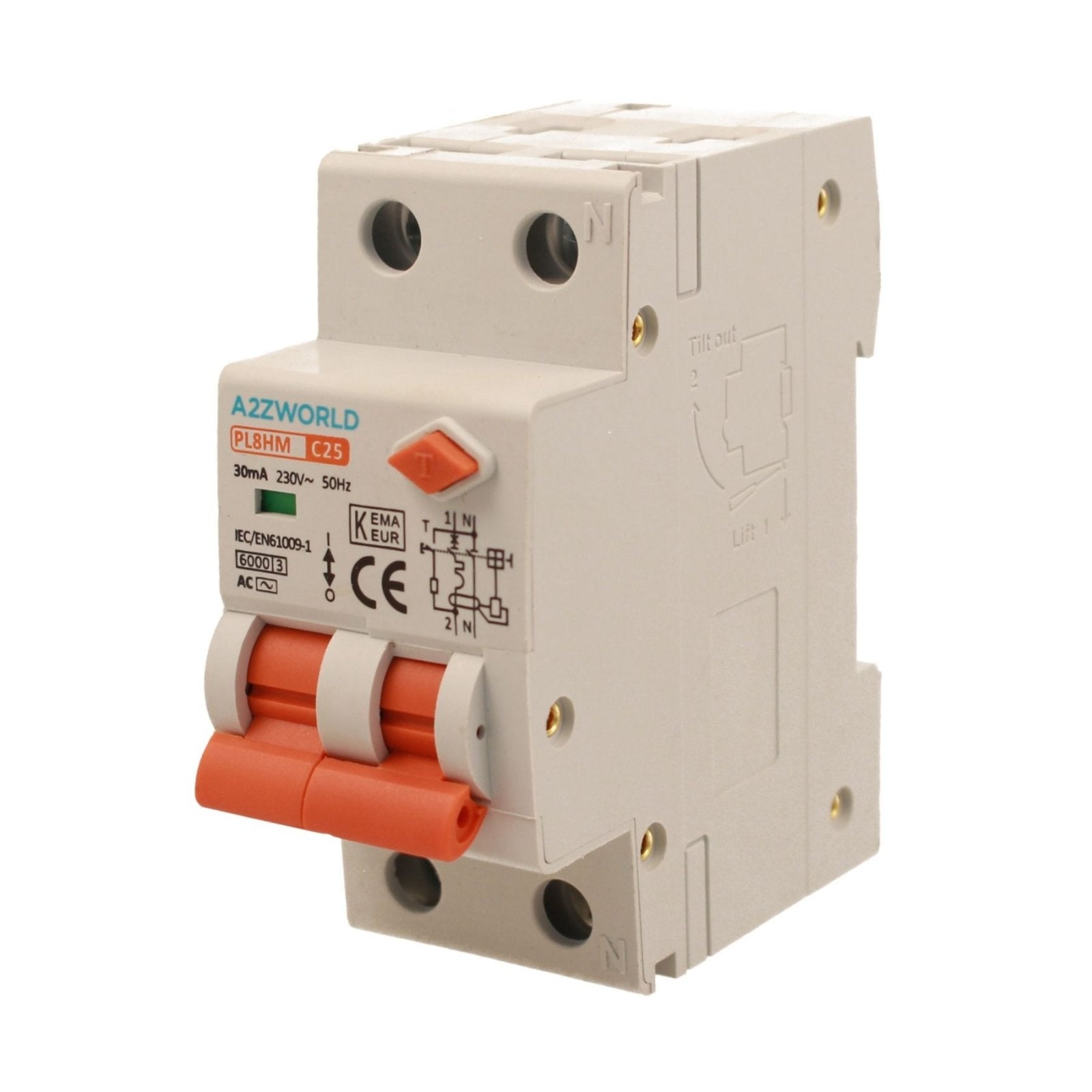 RCBO Doppia Leva, Interruttore Magnetotermico Differenziale Tipo AC Curva C 1P+N 2M 6000A 30mA C25A AC 230V IP20 IEC61009-1 PL8HM
