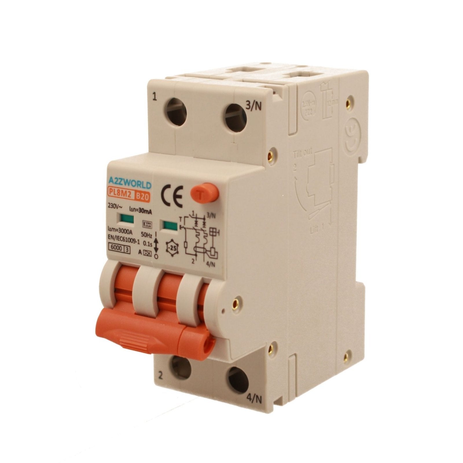 RCBO Interruttore Magnetotermico Differenziale Con Doppia Leva Tipo A Curva B 2P 2M 6000A 30mA, Diagnostica Visiva, B20A  AC 230V IP20 IEC61009-1 PL8M2