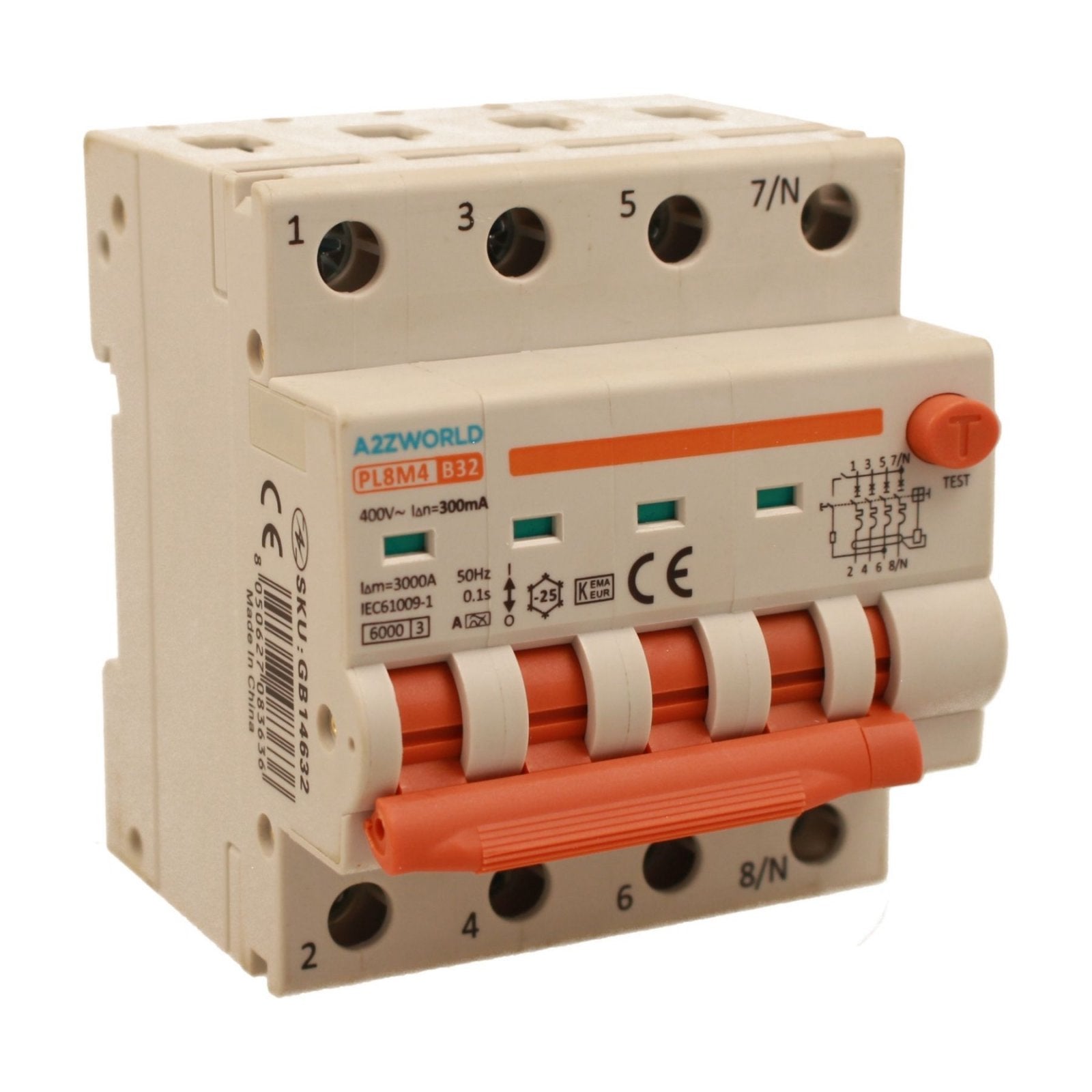 RCBO Interruttore Magnetotermico Differenziale Con Doppia Leva Tipo A Curva B 4P 4M 6000A 300mA, Diagnostica Visiva, B32A  AC 400V IP20 IEC61009-1 PL8M4 4P