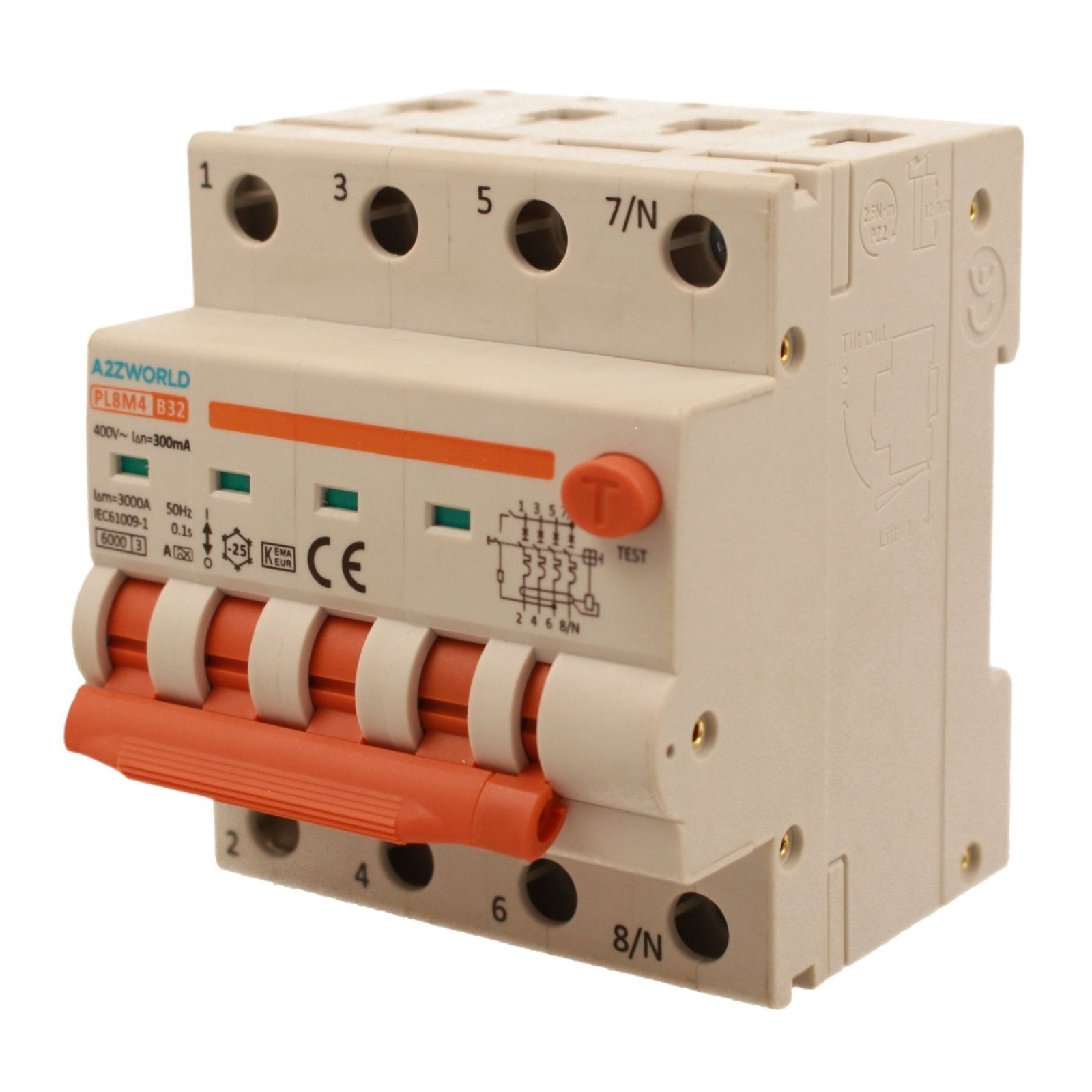 RCBO Interruttore Magnetotermico Differenziale Con Doppia Leva Tipo A Curva B 4P 4M 6000A 300mA, Diagnostica Visiva, B32A  AC 400V IP20 IEC61009-1 PL8M4 4P