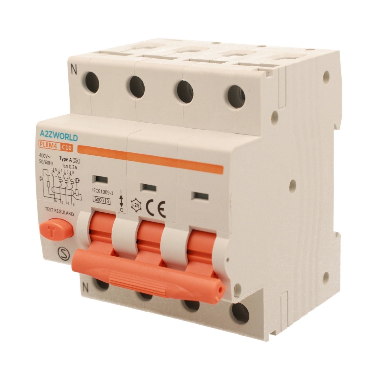 RCBO Interruttore Magnetotermico Differenziale Tipo A Curva C 3P+N 4M 6000A 300mA C10A AC 400V IP20 IEC61009-1 PL8M4