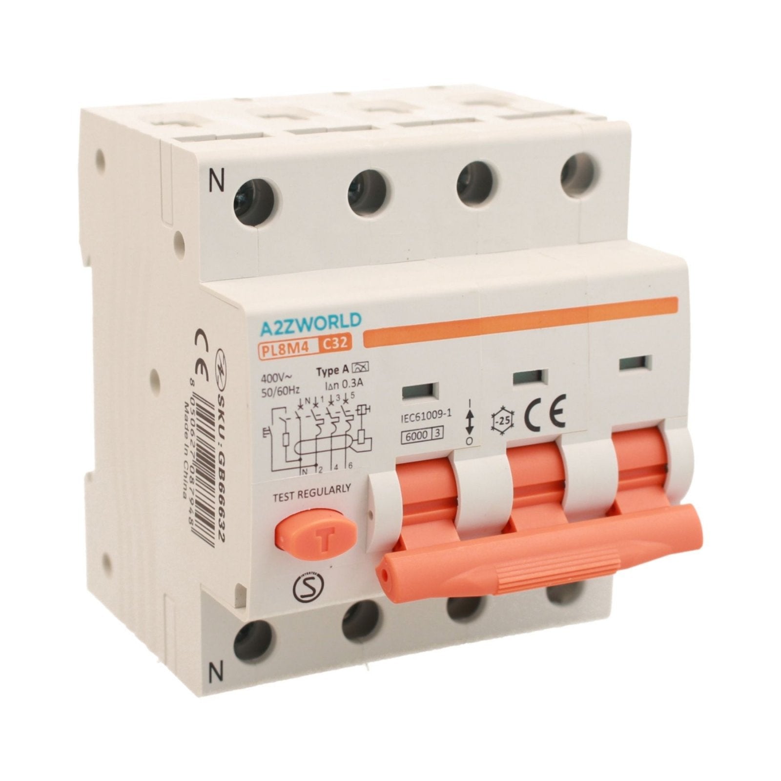 RCBO Interruttore Magnetotermico Differenziale Tipo A Curva C 3P+N 4M 6000A 300mA C32A AC 400V IP20 IEC61009-1 PL8M4