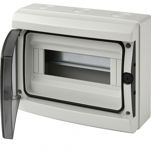 centralino da parete 12 moduli con portello fumé, grigio RAL 7035, 280x220x100 mm, IP65, ideale per installazioni elettriche interne ed esterne