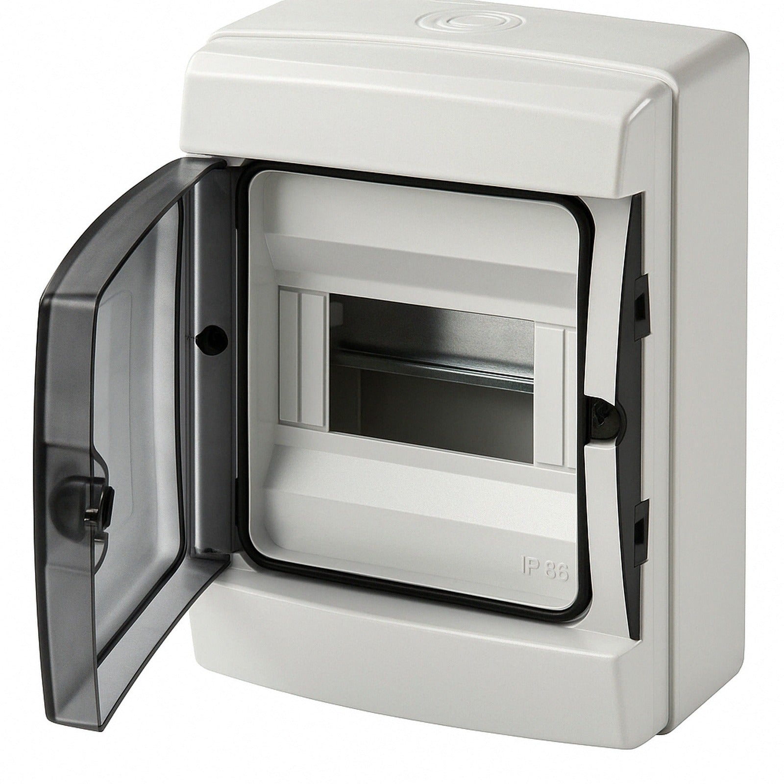 centralino da parete 4 moduli con portello fumé, grigio RAL 7035, 150x170x100 mm, IP65, ideale per installazioni elettriche interne ed esterne