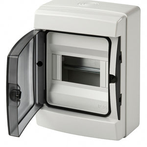 centralino da parete 4 moduli con portello fumé, grigio RAL 7035, 150x170x100 mm, IP65, ideale per installazioni elettriche interne ed esterne