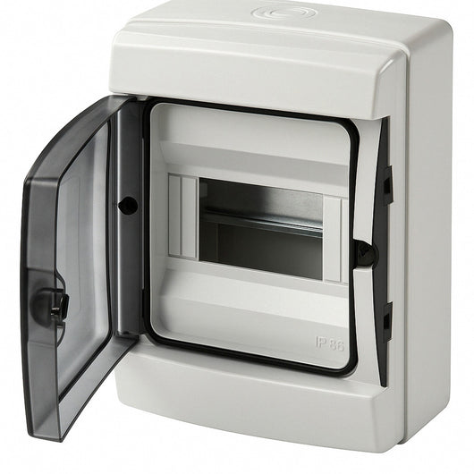 centralino da parete 4 moduli con portello fumé, grigio RAL 7035, 150x170x100 mm, IP65, ideale per installazioni elettriche interne ed esterne