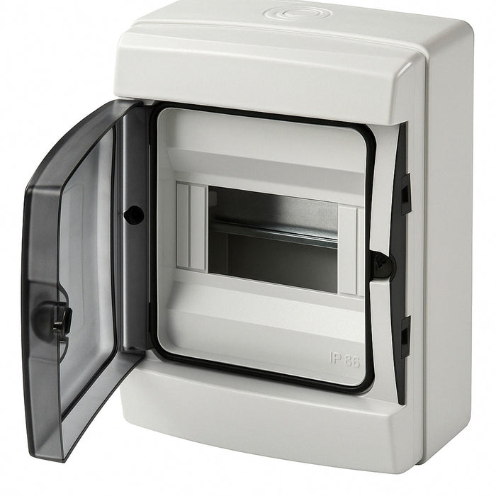 centralino da parete 4 moduli con portello fumé, grigio RAL 7035, 150x170x100 mm, IP65, ideale per installazioni elettriche interne ed esterne