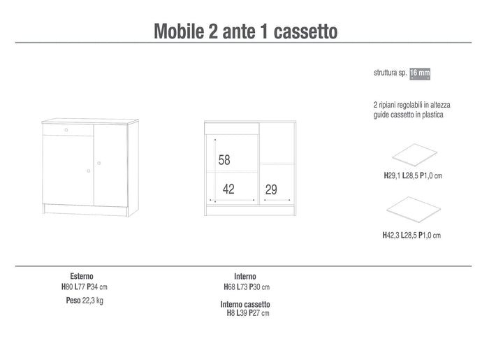 Mobile 2 Ante 1 Cassetto 77x80x34 cm Olmo Chiaro
