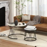 Set di 2 tavolini nidificati rotondi Ø 70/44,5 cm con piano effetto marmo e piedi in metallo, grigio e bianco