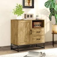 Credenza Moderna con 2 Cassetti, Armadietto Regolabile e Ripiano Aperto, in Legno e Acciaio, 80x40x78 cm, Marrone