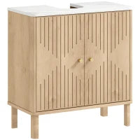 Mobile Sottolavabo a 2 Ante con Ripiano Effetto Marmo e Mensola Regolabile, Rovere