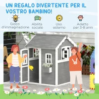 Casetta per Bambini 3-8 Anni con 6 Finestre e Fioriera, in Legno di Abete, 104.5x110x137 cm, Grigia