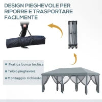 Gazebo da Giardino Pieghevole 6x3 m con 6 Zanzariere e Pulsante, in Acciaio e Poliestere, Grigio