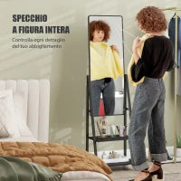 Specchio Verticale da Terra con 2 Ripiani e 4 Rotelle, in Acciaio e Legno, 42x37x155 cm, Nero