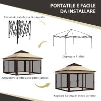 Gazebo 3x3 Regolabile su 3 Livelli con Pareti Rimovibili, in Acciaio e tessuto Oxford, color Caffè e Beige