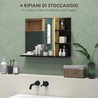 Specchiera Bagno Moderna da Parete a 4 Ripiani in Legno, 45x15x58.5cm, Nero