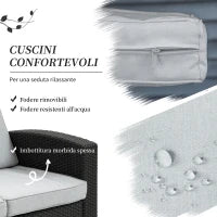 Divano da Esterno a 2 Posti da in PP Plastica ad Effetto Rattan, Divano da Giardino con Cuscini Rimovibili e Lavabili, Grigio e Nero