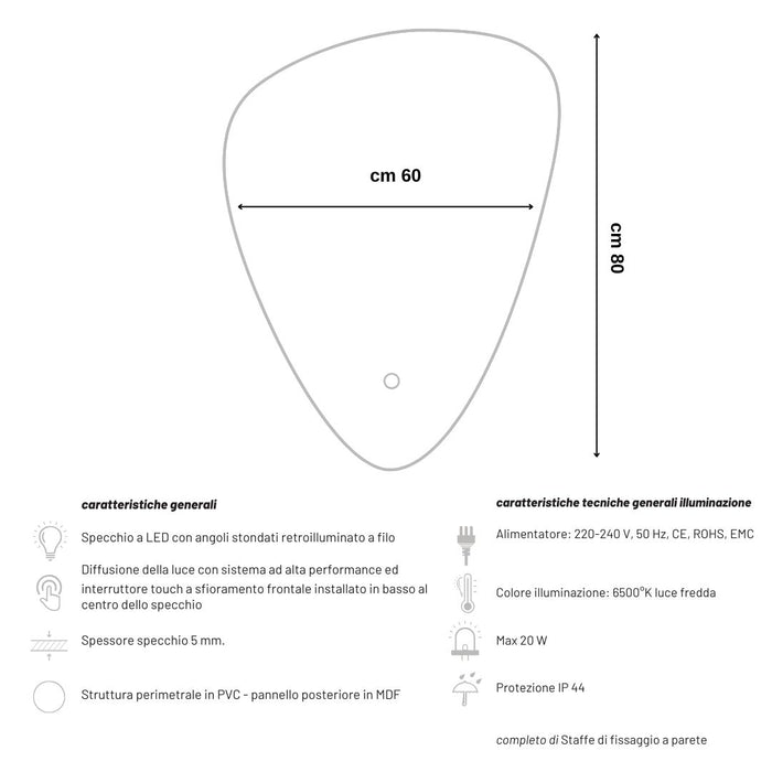 Specchio 5 mm triangolare stondato retroilluminato interruttore touch *** misure 60x80 cm, tonalità dimmerabile 2700...