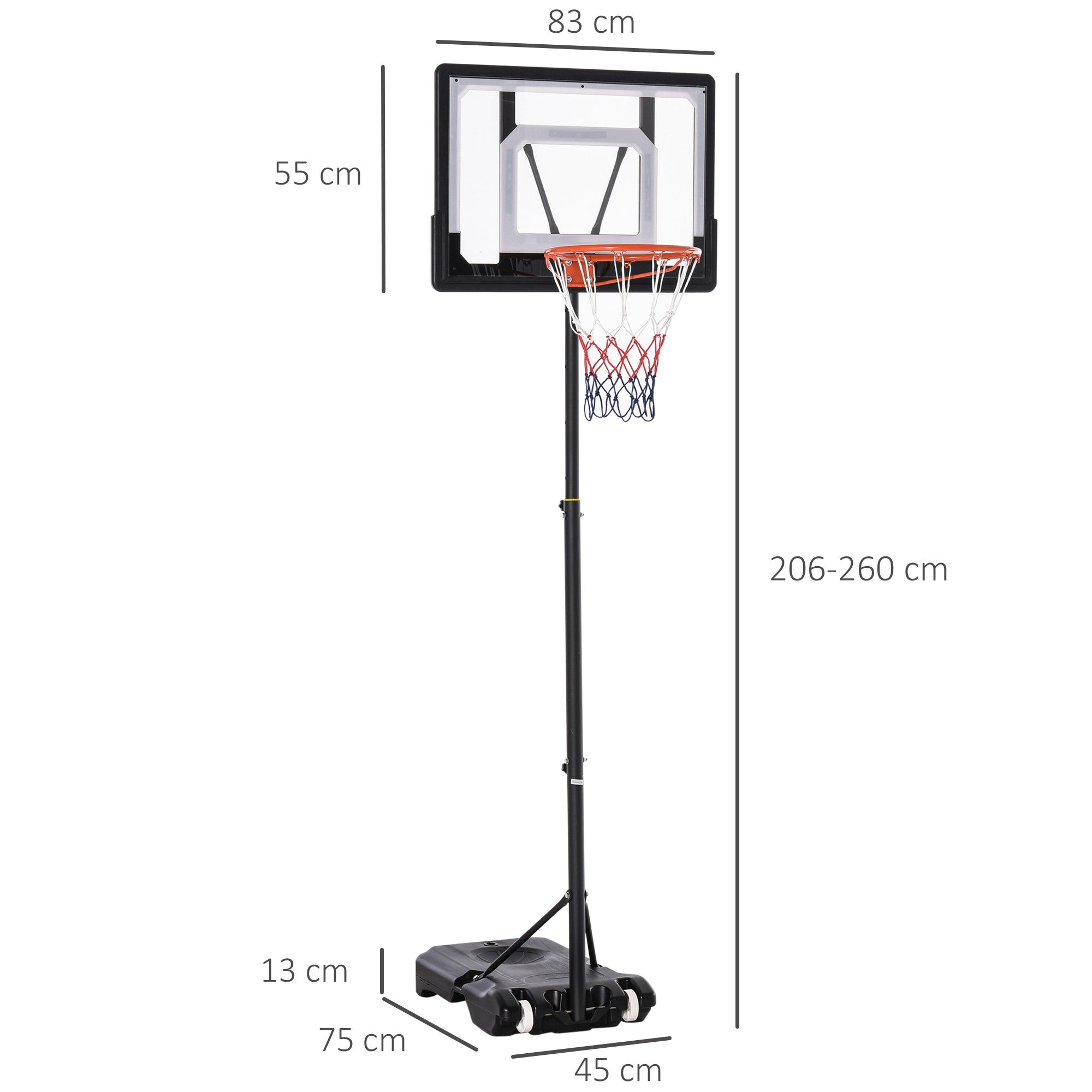 Easycomfort Canestro Basket Altezza Regolabile 160-210cm, Struttura in Acciaio e Base con Ruote, Tabellone in PE Trasparente